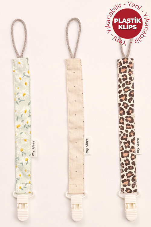 Yeşil Papatya - Vizon Puantiye - Leopar - Plastik Klipsli Emzik Askısı Seti 3'Lü Emzik Zinciri Seti
