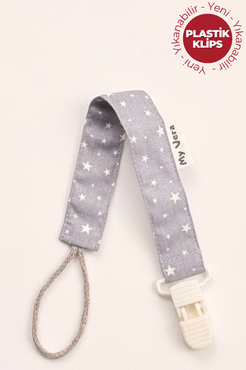 Yıldız Desenli Gri Emzik Askısı - Kumaş Pamuk Bağcıklı Emzik Zinciri - Emzik Tutacağı