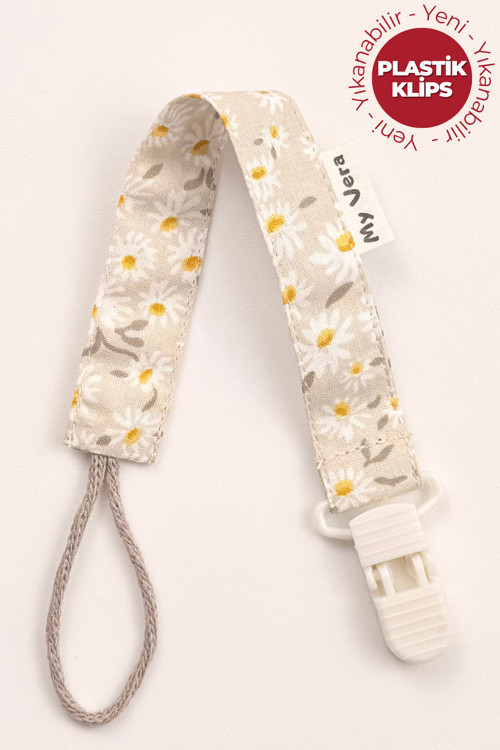 Vizon Papatya Emzik Askısı - Kumaş Pamuk Bağcıklı Emzik Zinciri - Emzik Tutacağı