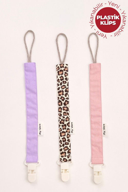 Lila - Leopar - Pudra Emzik Askısı Seti - 3'Lü Emzik Zinciri Seti