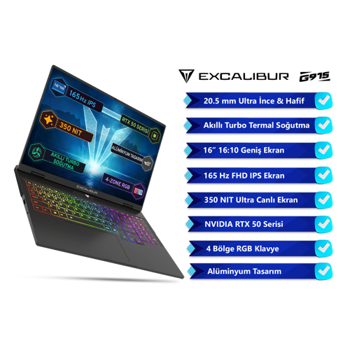 Excalibur G915 Intel Core 7-240H 64GB 1TB RTX5070 165HZ 16" Freedos Gaming Laptop G915.240H-EF70X-C