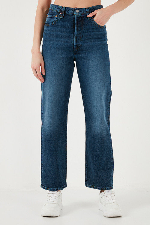 Ribcage Streç Pamuklu Straight Fit Yüksek Bel Geniş Paça Jeans Bayan Kot Pantolon A7743-0010 KOYU MAVİ