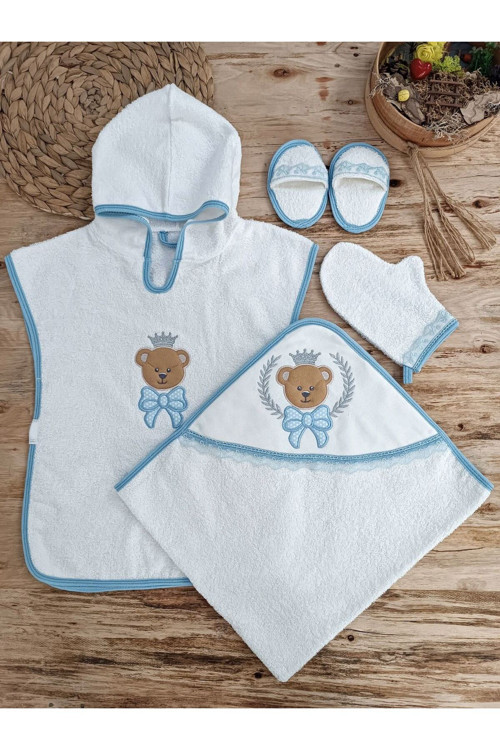 Yeni Doğan Yaş Bear Nakışlı Pareolu 4lü Erkek Bebek Havlu20 Takımı