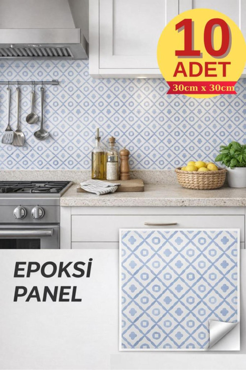 10 Adet 30×30cm Bluesa Mavi Epoksi 3D Yapışkanlı Duvar Kaplama Paneli Kağıdı Mutfak Banyo Salon Ofis