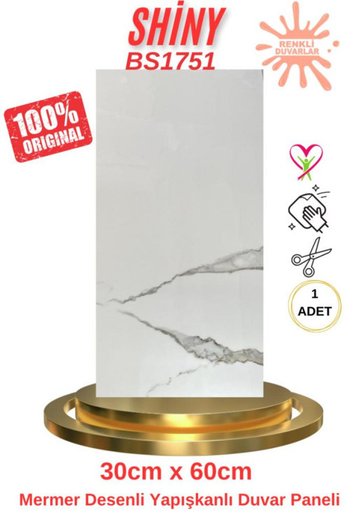 60x30cm BS1751 Shiny Mermer Desen Yapışkanlı Karavan Prefabrik Banyo Wc Duvar Kaplama Paneli