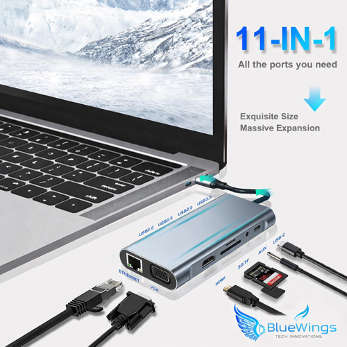 Macbook Pro Air Type C Hub Pd Şarj HDMI Sd Network VGA Girişli 11 in 1 Çevirici Dönüştürücü Çoklayıcı