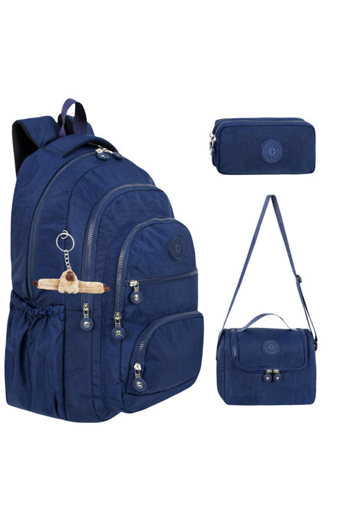 3’Lü Set Krinkıl Kumaş Çanta + Termal Beslenme Çantası + Kalemlik, Maymun Anahtarlık Hediyeli