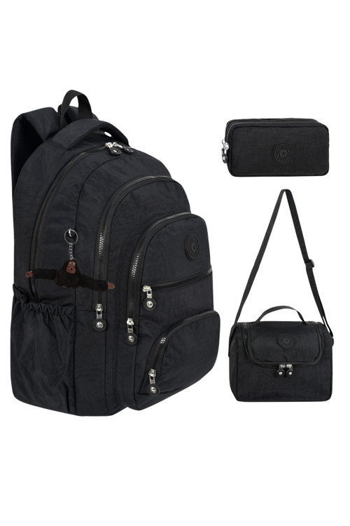 3’Lü Set Krinkıl Kumaş Çanta + Termal Beslenme Çantası + Kalemlik, Maymun Anahtarlık Hediyeli