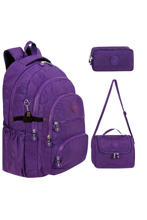 3’Lü Set Krinkıl Kumaş Çanta + Termal Beslenme Çantası + Kalemlik, Maymun Anahtarlık Hediyeli