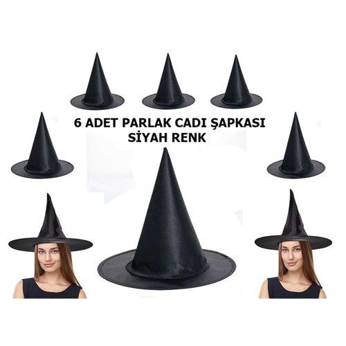 ieg™ Halloween Siyah Renk Parlak Dralon Cadı Şapkası Yetişkin ve Çocuk Uyumlu 6 Adet
