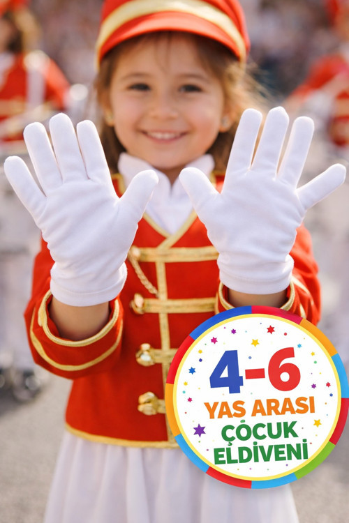23 Nisan 4-6 Yaş Beyaz Likralı Çocuk Bando Gösteri Pandomim Eldiveni 1 Çift Esnek Polyester