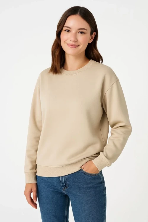 Kadın Üç İplik Pamuklu Düz Bisiklet Yaka SweatShirt - Bej