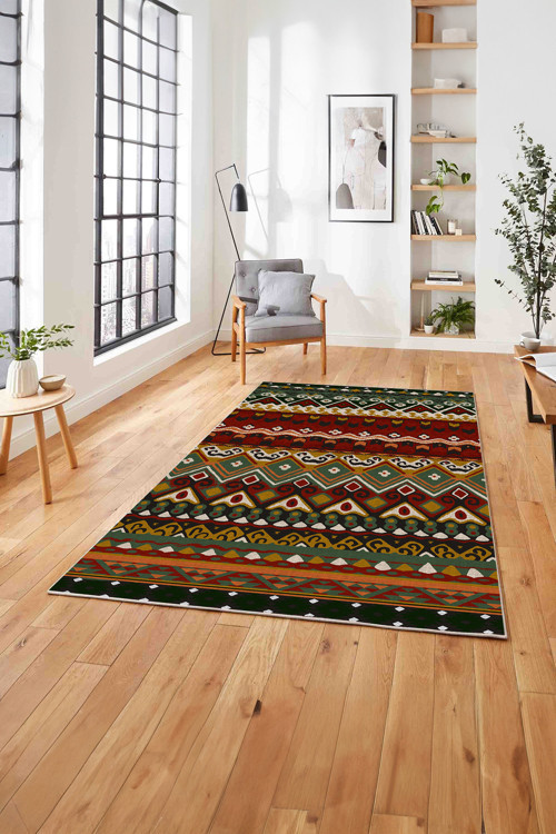 Baskılı Etnik Otantik Desen Görünümlü Yıkanabilir Kaymaz Taban Yolluk Mutfak Salon Halısı