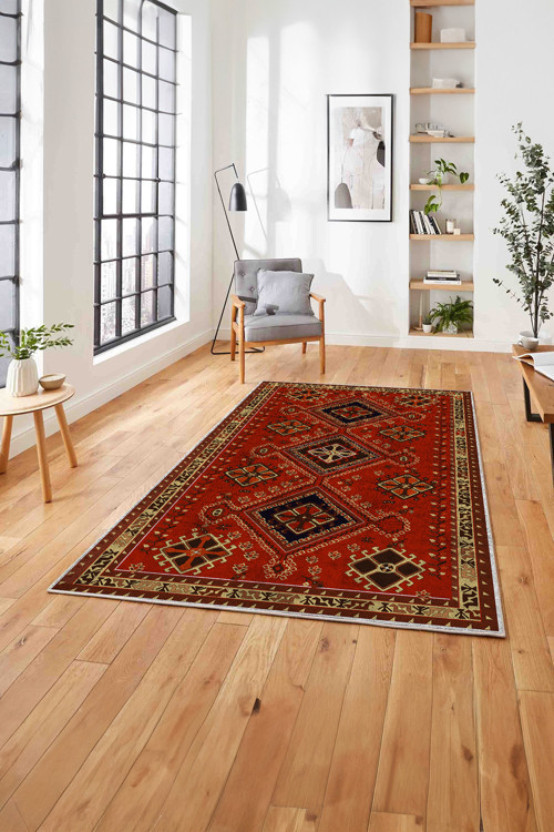 Etnik Geleneksel Desen Görünümlü Yıkanabilir Kaymaz Taban Yolluk Mutfak Salon Halısı