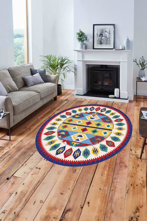 Etnik Kilim Model Dijital Yıkanabilir Kaymaz Taban Yuvarlak Mutfak Salon Halısı