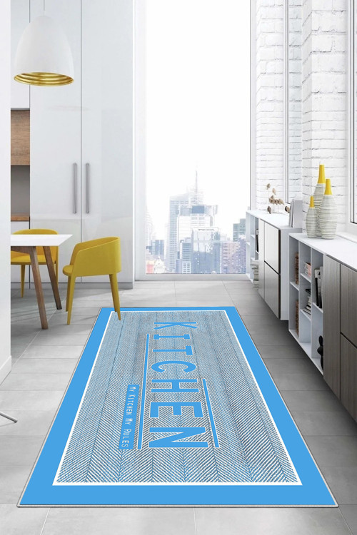 Baskılı Kitchen Yazı Desenli Yıkanabilir Kaymaz Taban Yolluk Salon Mutfak Halısı