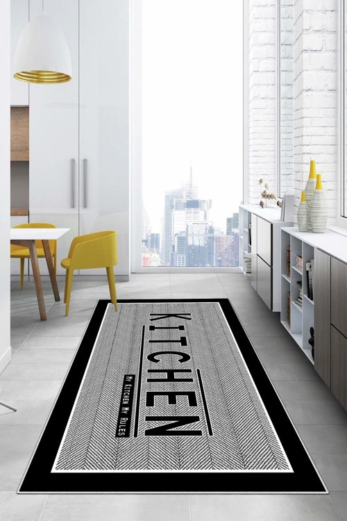 Baskılı Kitchen Yazı Desenli Yıkanabilir Kaymaz Taban Yolluk Salon Mutfak Halısı