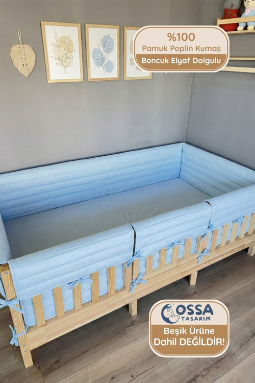 Montessori ve Beşik İçin Full Yan Koruma Seti - 4 Kenar Tam Koruma %100 Pamuk Antialerjik Bebe Mavi