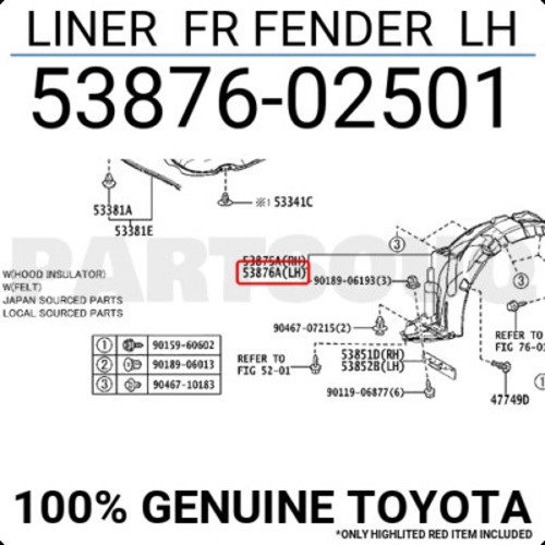 Toyota Corolla Ön Çamurluk Davlumbazı Sol 2013-2018 (Oem No: 5387602501)