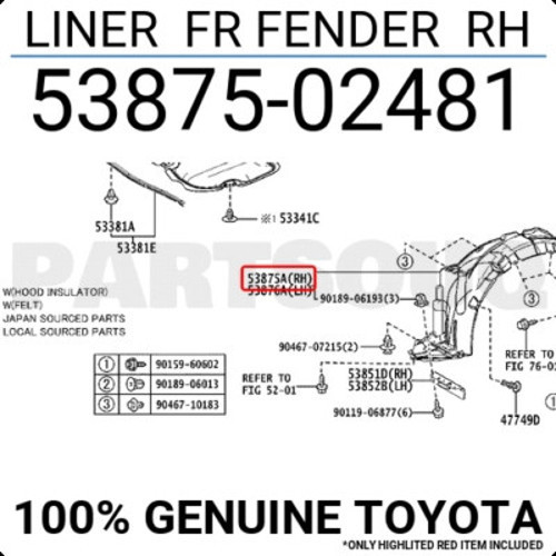 Toyota Corolla Ön Çamurluk Davlumbazı Sağ 2013-2018 (Oem No: 5387502481)