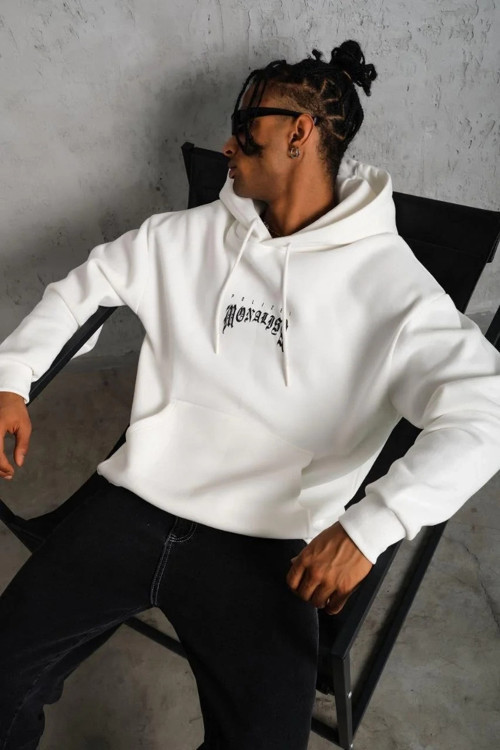 Erkek Baskılı Kapüşonlu ve Kanguru Cepli Sweatshirt hoodie - Beyaz