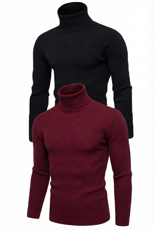 ERKEK 2'li Siyah Bordo Kaşkorse Boğazlı Full Likralı Fitilli Body Kazak