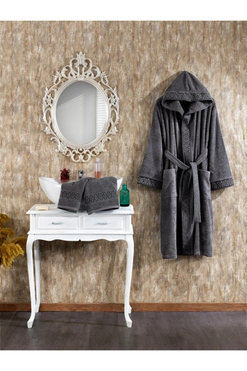 Luna %100 Pamuk Bornoz Seti Koyu Gri 3 Parça 524