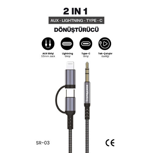 SR-03 2 in1 TYPE-C / Lightning  3.5 Mm Aux Kablosu