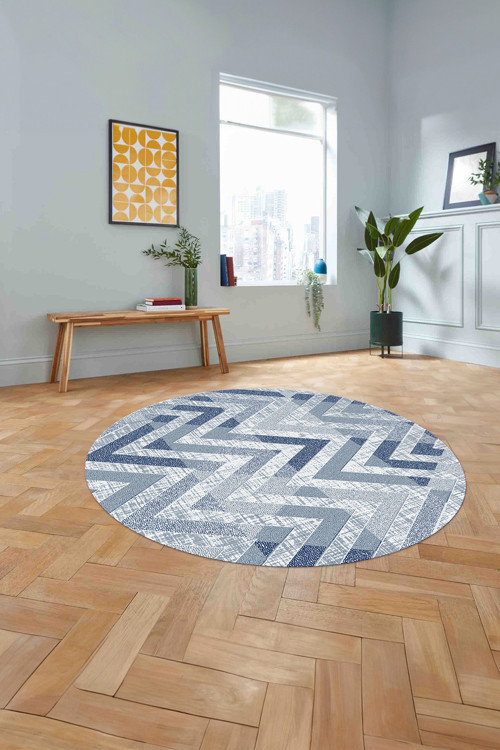 Baskılı Modern Sade Zigzag Desen Yıkanabilir Kaymaz Taban Yuvarlak Mutfak Salon Halısı