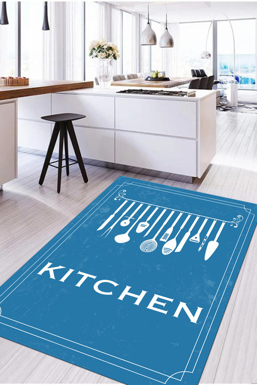 Baskılı Çatal Bıçak Desen Kitchen Yazılı Yıkanabilir Kaymaz Taban Salon Mutfak Halısı