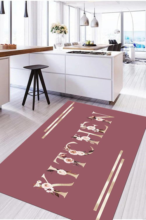 Baskılı Çiçek Motifli Kitchen Yazılı Yıkanabilir Kaymaz Taban Yolluk Salon Mutfak Halısı