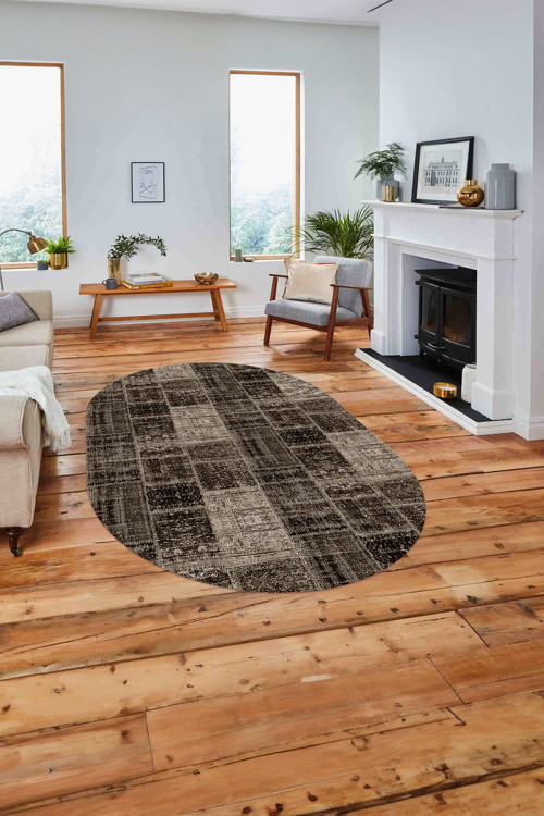 Baskılı Patchwork Sade Modern Yıkanabilir Kaymaz Oval Yolluk Mutfak Salon Halısı