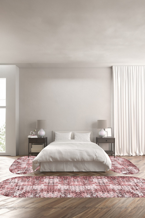 Baskılı Kaymaz Taban Yıkanabilir Sade Kare Geçişli Modern Oval Üçlü Yatak Odası