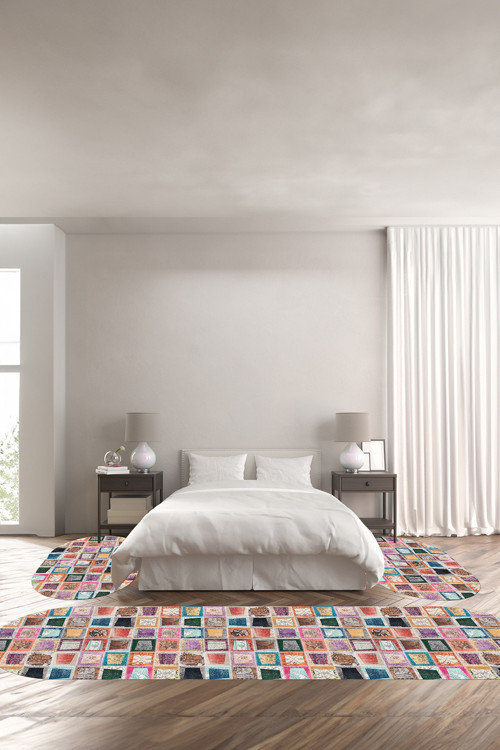 Baskılı Kaymaz Taban Yıkanabilir Patchwork Yama Modeli Oval Üçlü Yatak Odası
