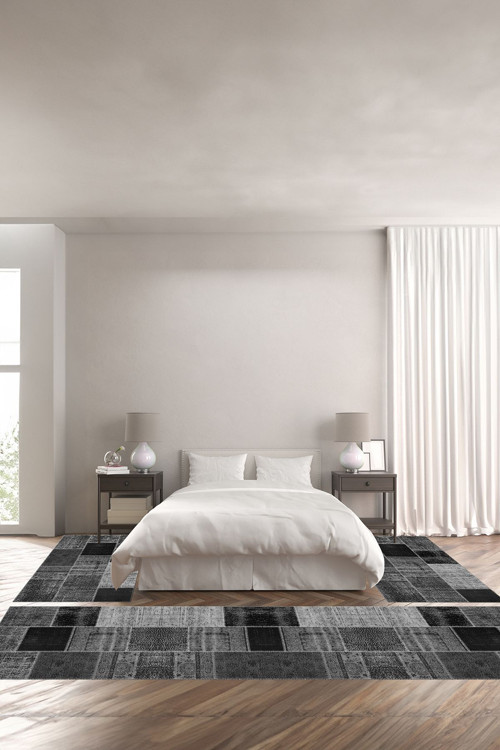 Baskılı Kaymaz Taban Yıkanabilir Patchwork Çiçek Desen Modern Üçlü Yatak Odası