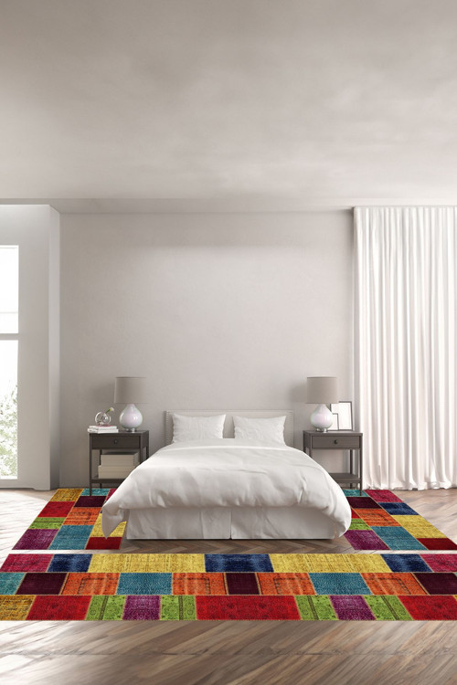 Baskılı Kaymaz Taban Yıkanabilir Patchwork Çiçek Desen Modern Üçlü Yatak Odası
