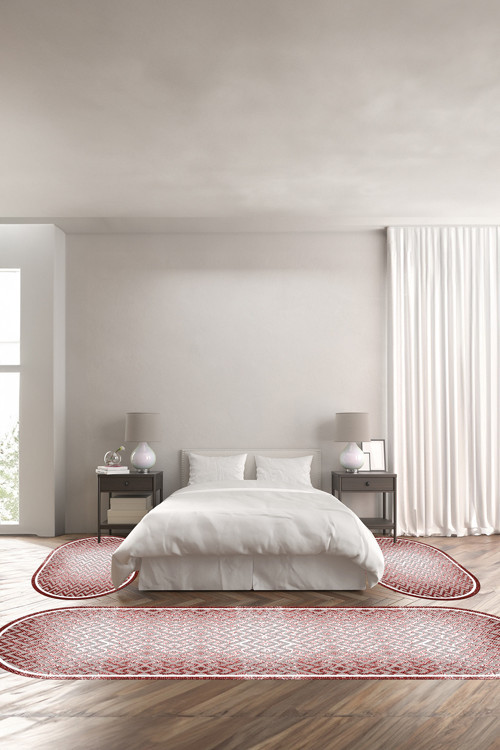 Dijital Kaymaz Taban Yıkanabilir Sade Çerçeveli Zigzag Model Oval Üçlü Yatak Odası