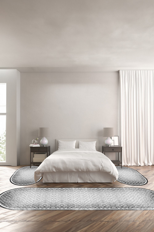 Dijital Kaymaz Taban Yıkanabilir Sade Çerçeveli Zigzag Model Oval Üçlü Yatak Odası
