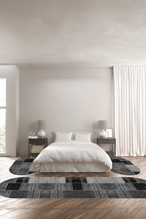 Baskılı Kaymaz Taban Yıkanabilir Patchwork Çiçek Desen Oval Üçlü Yatak Odası