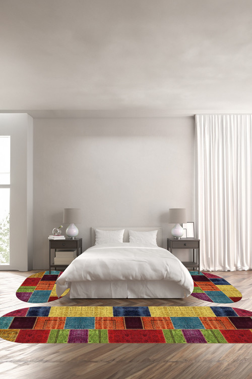 Baskılı Kaymaz Taban Yıkanabilir Patchwork Çiçek Desen Oval Üçlü Yatak Odası