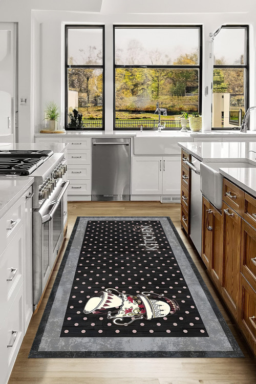 Baskılı Fincan Desenli Kitchen Yazılı Yıkanabilir Kaymaz Taban Salon Mutfak Halısı