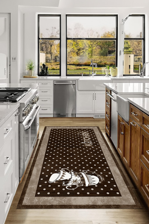 Baskılı Fincan Desenli Kitchen Yazılı Yıkanabilir Kaymaz Taban Salon Mutfak Halısı