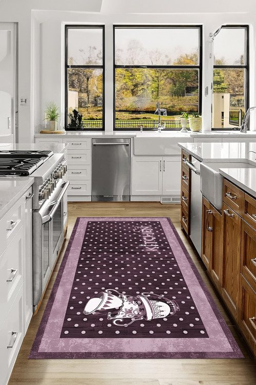 Baskılı Fincan Desenli Kitchen Yazılı Yıkanabilir Kaymaz Taban Salon Mutfak Halısı