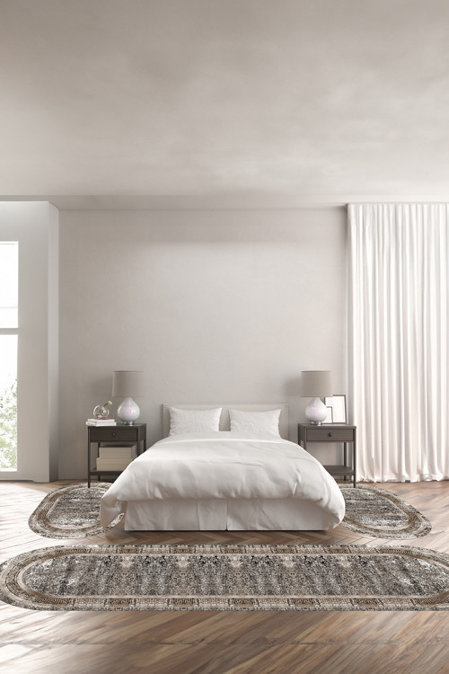 Baskılı Kaymaz Taban Yıkanabilir Çerçeveli Modern Oval Üçlü Yatak Odası
