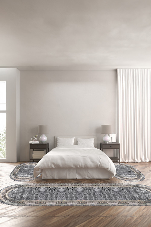 Baskılı Kaymaz Taban Yıkanabilir Çerçeveli Modern Oval Üçlü Yatak Odası