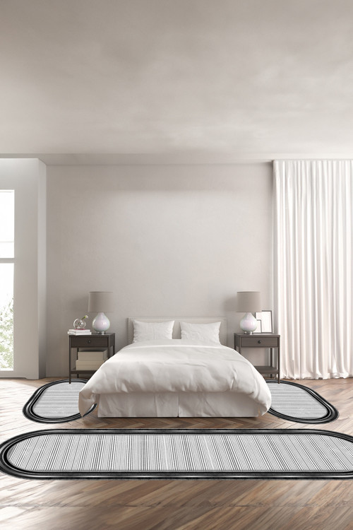 Baskılı Kaymaz Taban Yıkanabilir Çerçeveli Sade Modern Oval Üçlü Yatak Odası