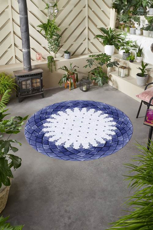 Baskılı Modern Geometrik Desenli Yıkanabilir Kaymaz Taban Yuvarlak Salon Halısı