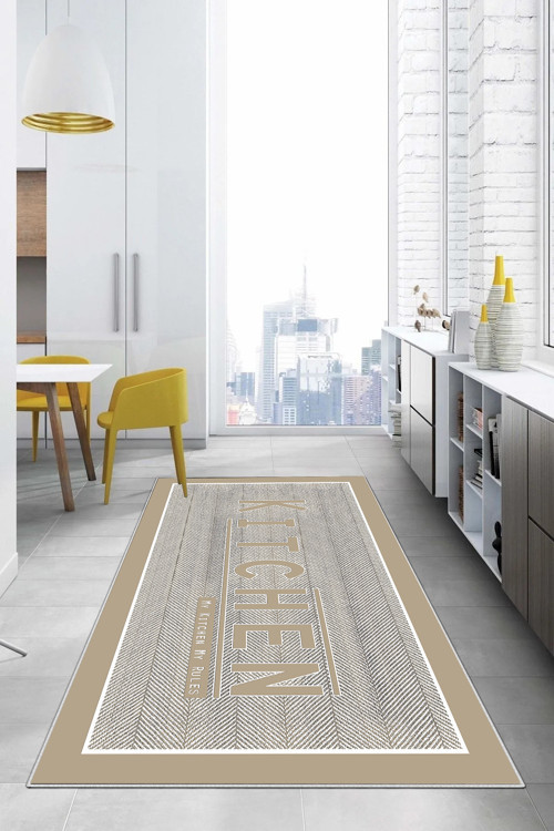 Baskılı Kitchen Yazı Desenli Yıkanabilir Kaymaz Taban Yolluk Salon Mutfak Halısı