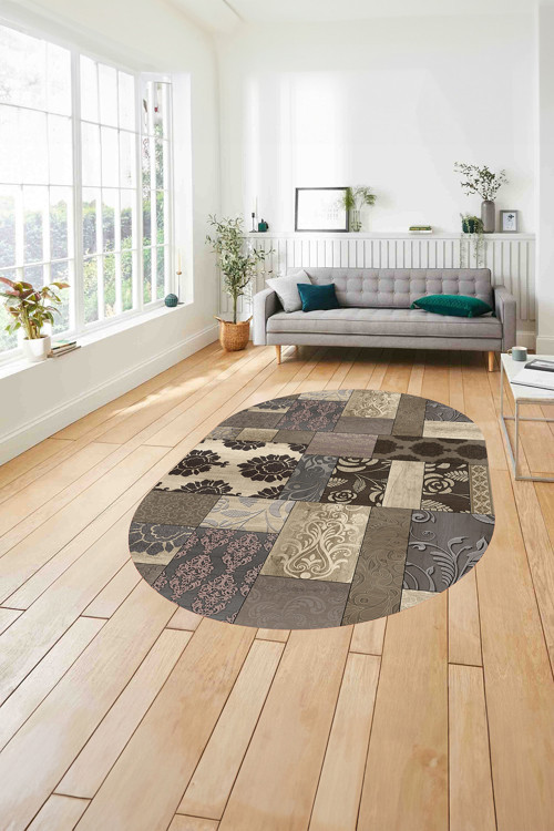Baskılı Patchwork Çiçek Motifli Yıkanabilir Kaymaz Oval Yolluk Mutfak Salon Halısı