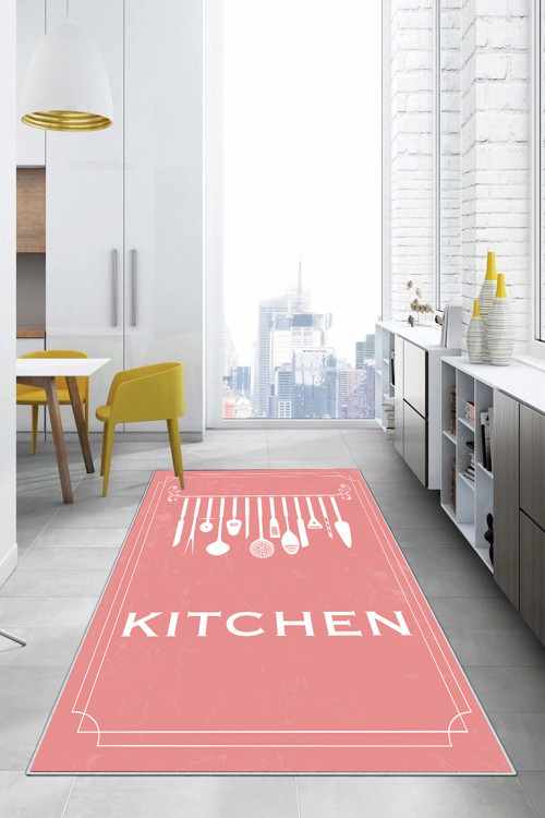 Baskılı Çatal Bıçak Desenli Kitchen Yazılı Yıkanabilir Kaymaz Taban Salon Mutfak Halısı